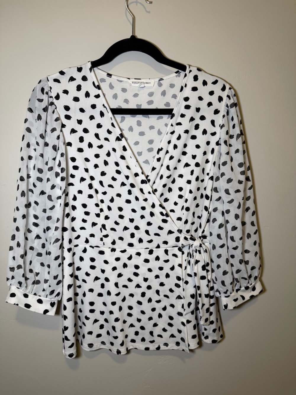 PerSeption Concept White Wrap Blouse with Black Spot Print